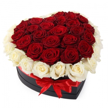 Сердце из 45 красных и белых роз в черной коробке