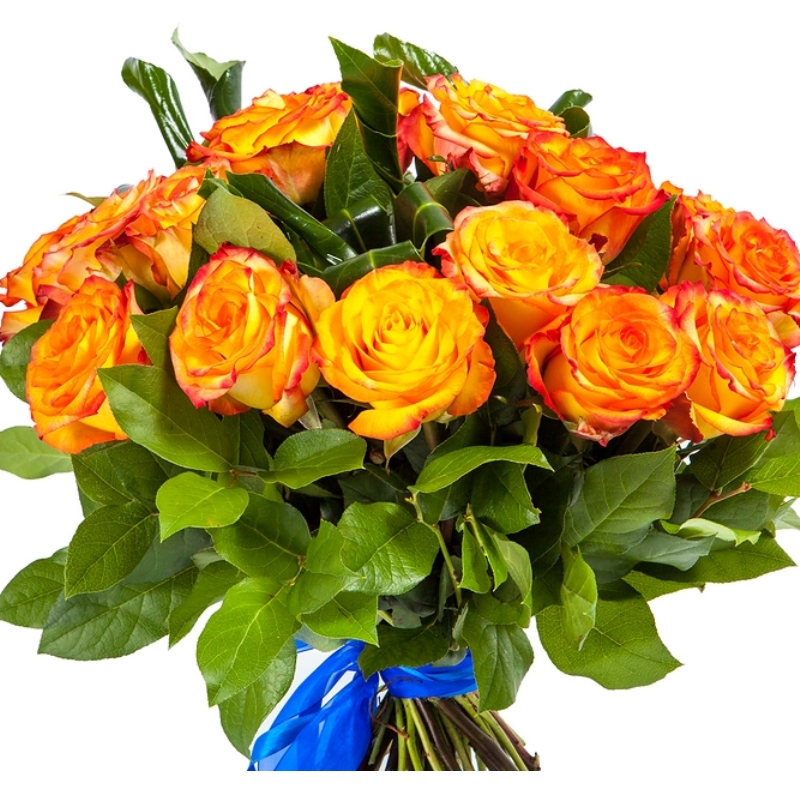 Букет из 21 оранжевой розы с зеленью